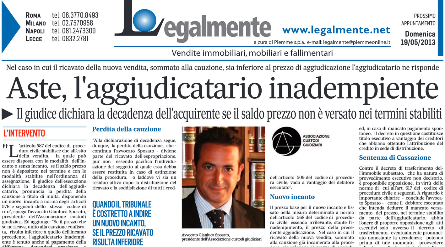 Aste, l'aggiudicatario inadempiente Aste, l'aggiudicatario inadempiente